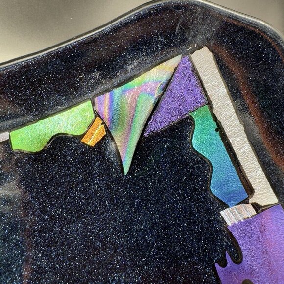 Hand Made Dichroic Art Glass Fused Iridescent Finish Curved Footed Bowl Dish VTG - Picture 11 of 16